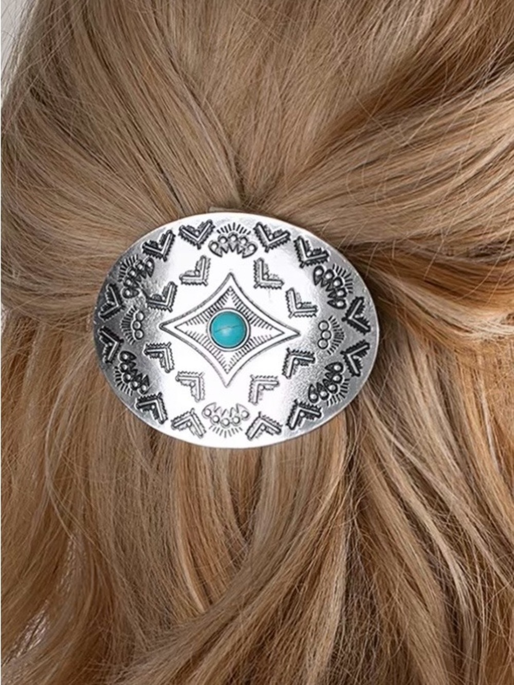 Western Turquoise Concho Hair Clip Barrette Silver Tone Cowgirl Hair Accessory